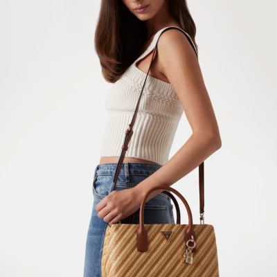 GUESS® SIMONA SMALL SATCHEL ΤΣΑΝΤΑ ΓΥΝΑΙΚΕΙΑ NATURAL/COGNAC HWWG9210050