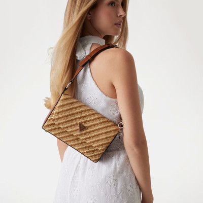 GUESS® SIMONA FLAP SHOULDER BAG ΤΣΑΝΤΑ ΓΥΝΑΙΚΕΙΑ NATURAL/COGNAC HWWG9210190